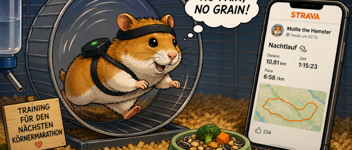 Hamster auf Strava: Cartoon von Hamster Mollie im Laufrad mit Fitness-Tracker und Strava-Laufprofil auf einem Smartphone.