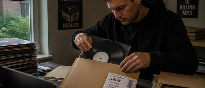 Mutmaßlicher Bootleg-Händler verpackt Vinyl-Schallplatte für einen BREIN-Testkauf in einem modernen Versandraum.