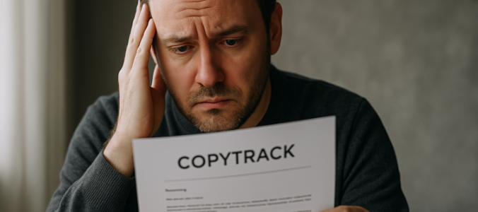 Mann mit Copytrack-Berechtigungsanfrage in der Hand