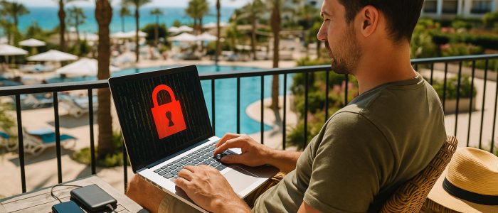 Urlauber am Strand mit Laptop und Smartphone – ein Symbol für den „Cyberurlaub“ und die digitale Sicherheit auf Reisen.