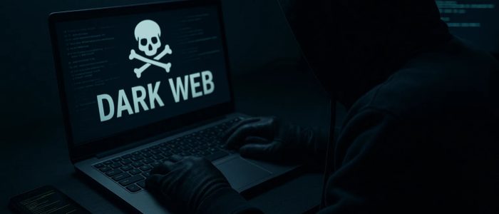 Darknet Marktplätze 2025, a hacker is sitting in a dark room in front of a notebook, the browser shows "Dark Web".