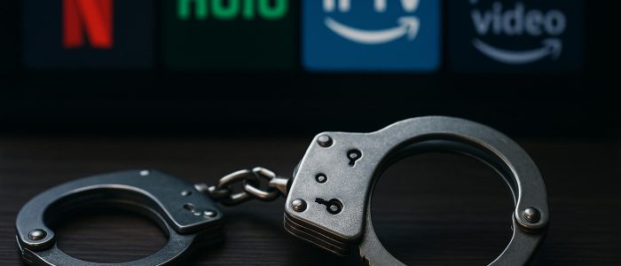 Auf einem dunklen Tisch liegen ein paar Handschellen, im Hintergrund sind unscharf die Logos von Netflix, Hulu, IPTV und Prime Video zu erkennen.