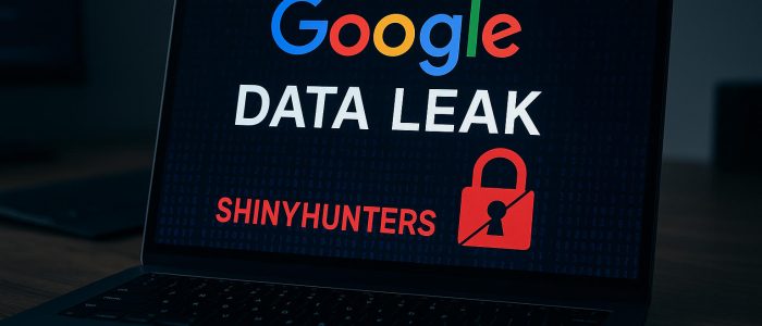 Laptop mit geöffneter Benutzeroberfläche. Auf dem Bildschirm ist die visuelle Darstellung eines Datenlecks bei Google zu sehen, inklusive Warnsymbol (rotes Schloss) und Hinweis auf einen Angriff der Hackergruppe ShinyHunters.