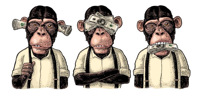 Drei weise Affen mit Geld in Ohren, Augen und Mund