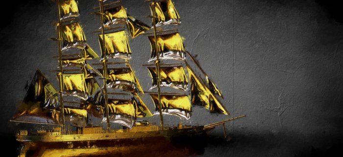 Ein goldenes Piratenschiff auf schwarzem Hintergrund
