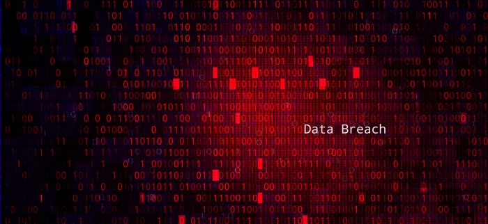 Roter Hintergrund mit binären Code-Zahlen und Data Breach