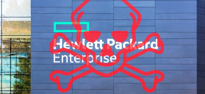 HP Enterprise Logo mit einem roten Totenschädel überlagert