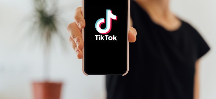 TikTok-App auf dem Display eines Mobiltelefons in der Hand einer Frau