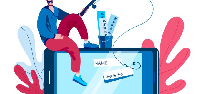 Symbolbild eines Phishing-Angriffs: Ein Mann sitzt auf einem Smartphone und fängt an einem Haken die Passwörter der Nutzer ein