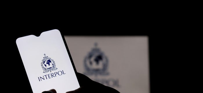 Ein Smartphone mit dem Interpol-Logo auf dem Display