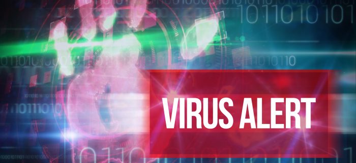 Warnung vor einem Virus auf einem blauen Hintergrund mit technischem Design