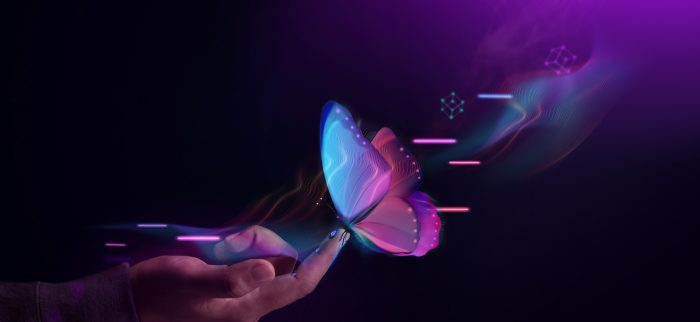 Eine Hand interagiert mit der Computergrafik eines Schmetterlings via Biosensorik (Symbolbild)