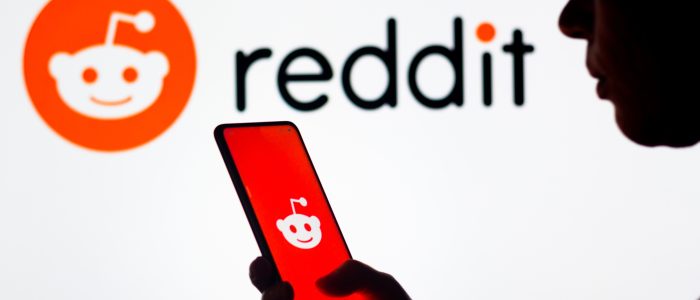 Die Silhouette einer Frau hält ein Smartphone mit dem Reddit-Logo auf dem Bildschirm