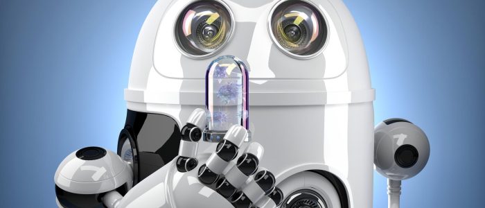 Ein kleiner weißer Roboter hält ein Reagenzglas mit einem Virus