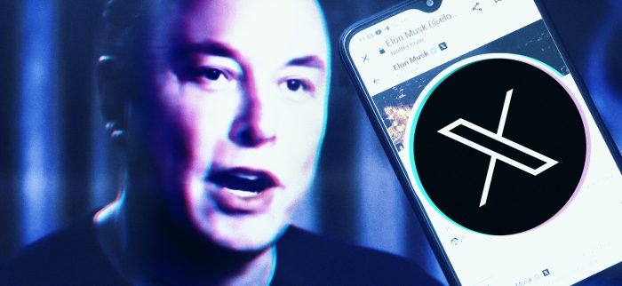 Musks Twitter-Profil auf einem Smartphone mit Elon Musk im Hintergrund