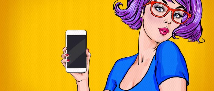 Mädchen mit Smartphone in der Hand im Comic-Stil