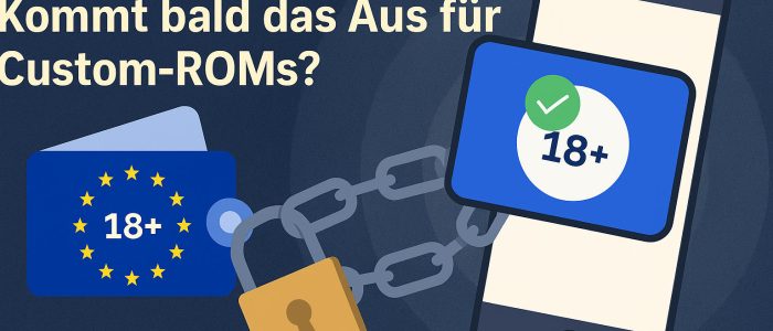 Ein mit Kette und Schloss gesichertes Smartphone symbolisiert die Einschränkungen durch die EU-Altersverifikations-App. Daneben sind ein 18+-Nachweis und eine digitale Brieftasche zu sehen.
