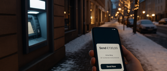 Echtzeitüberweisung, Smarthone vor einem EC-Automaten