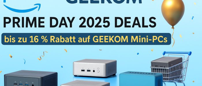 GEEKOM Prime Day Grafik mit Mini-PCs und 20 % Rabatt – Amazon-Deals vom 8. bis 11. Juli 2025.