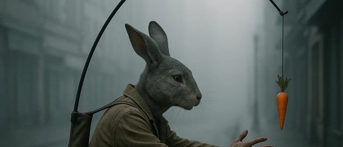 Waidmannsheil! Ein Hase jagt seine Karotte, die er selbst transportiert. Praktisch, oder?