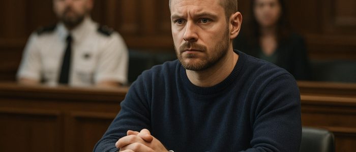 Ein junger Mann in Handschellen sitzt mit ernstem Gesichtsausdruck im Gerichtssaal. Im Hintergrund sind eine Beamtin und ein Justizwachtmeister nur unscharf zu erkennen. Das Urteil ist gefallen.