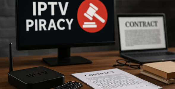 IPTV-Piraterie im Fadenkreuz: Streaming-Box, Vertragsdokumente und rechtlicher Druck am Arbeitsplatz eines überführten Resellers.