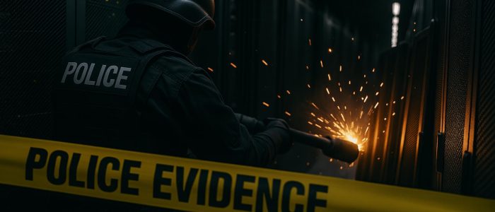 Ein Polizist durchtrennt ein Serverrack in einem dunklen Rechenzentrum während einer Razzia gegen IPTV-Server, umgeben von Polizeiband und Funken.