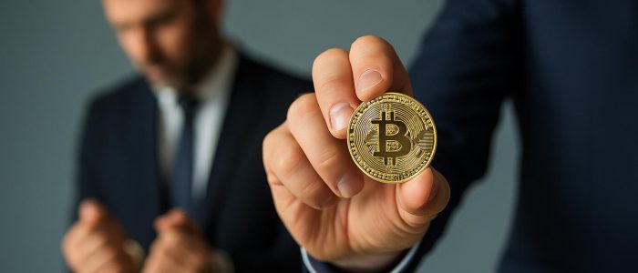 Nahaufnahme einer Hand mit einer goldenen Bitcoin-Münze. Im Hintergrund ist ein unscharfer Mann im Anzug mit Handschellen zu sehen – als Symbol für die Festnahme eines Krypto-Betrügers.