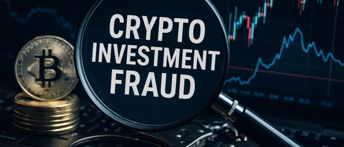 Symbolbild zum Thema Krypto-Betrug: Eine Lupe mit der Aufschrift „Crypto Investment Fraud“ ist zu sehen, daneben liegen Bitcoin-Münzen. Im Hintergrund ist ein fallender Finanzchart zu erkennen – ein Hinweis auf betrügerische Krypto-Investitionen und internationale Ermittlungen.