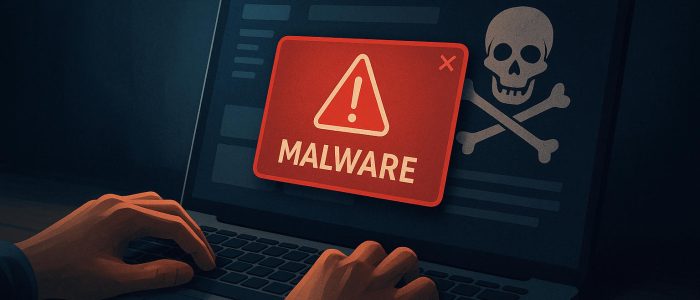 Eine Person sitzt an einem Laptop. Auf dem Bildschirm erscheint ein großes rotes Warnfenster mit dem Schriftzug „Malware” und einem Ausrufezeichen. Im Hintergrund ist das Symbol einer Piratenseite mit Totenkopf und gekreuzten Knochen zu sehen. Die Szene ist in dunklen Tönen gehalten und wird lediglich vom Bildschirmlicht beleuchtet.