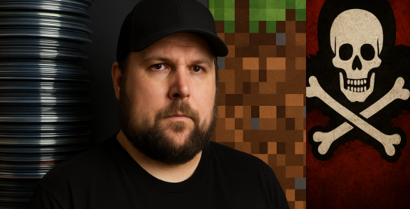 Markus „Notch“ Persson zwischen Spieleindustrie und Piraterie-Debatte: Minecraft-Ästhetik trifft auf Totenkopf-Flagge.
