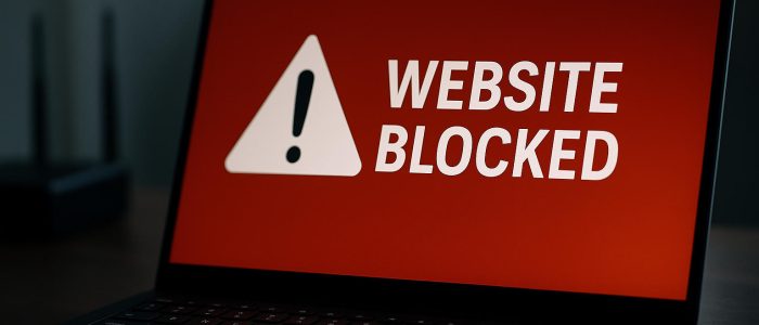Es handelt sich um die Illustration eines Laptops mit Warnsymbol und der Meldung „Website Blocked“. Diese Darstellung symbolisiert Internetzensur oder DNS-Sperren.