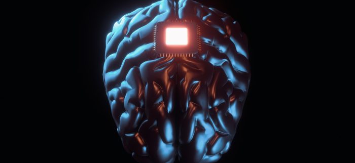 Symbolische Darstellung eines Neuralink-Chips in einem Gehirn