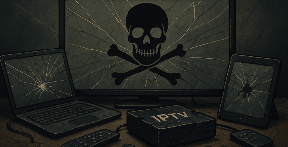 Zerschlagenes Piratennetzwerk: Symbolische Darstellung eines zerstörten IPTV-Systems mit gebrochenen Geräten – Sinnbild für das Ende eines global operierenden illegalen Streaming-Syndikats.