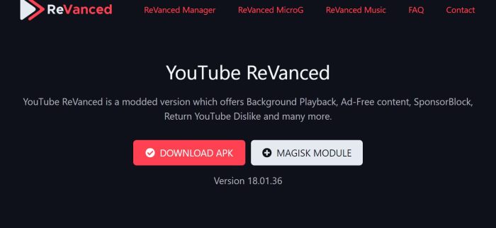 Webseite der werbefreien YouTube-Alternative ReVanced