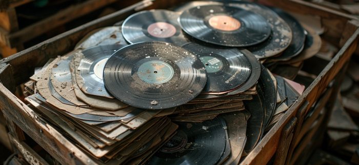 Eine Sammlung alter, verstaubter Schallplatten, die sich wahllos in einer Holzkiste stapeln