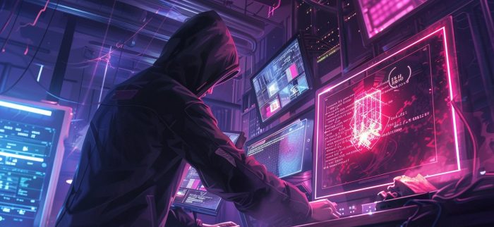 Ein Hacker arbeitet in einem Raum, umgeben von Bildschirmen, auf denen Daten angezeigt werden