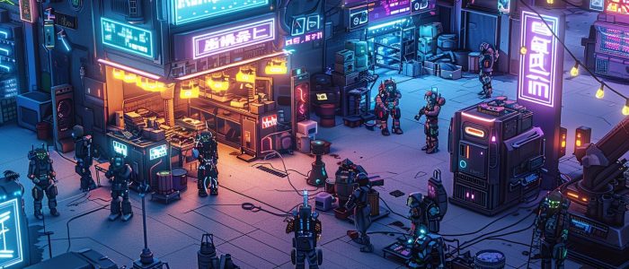 Neonschilder beleuchten eine geschäftige Cyberpunk-Stadtlandschaft