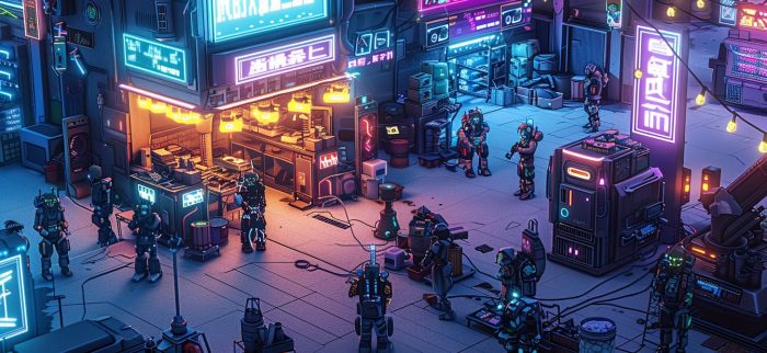 Neonschilder beleuchten eine geschäftige Cyberpunk-Stadtlandschaft