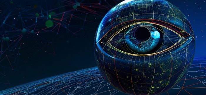 Ein digitales Auge, dargestellt als Überwachungskugel vor dem Hintergrund miteinander verbundener Netzleitungen