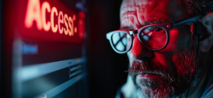 Ein ernster Mann mit Brille blickt konzentriert auf einen Computerbildschirm, auf dem eine Zugriffsmeldung angezeigt wird