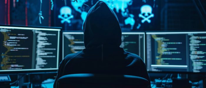 Ein Hacker mit Kapuzenpulli sitzt in einem dunklen Raum vor mehreren Bildschirmen, auf denen Codes und Totenkopfsymbole zu sehen sind