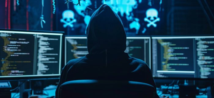 Ein Hacker mit Kapuzenpulli sitzt in einem dunklen Raum vor mehreren Bildschirmen, auf denen Codes und Totenkopfsymbole zu sehen sind