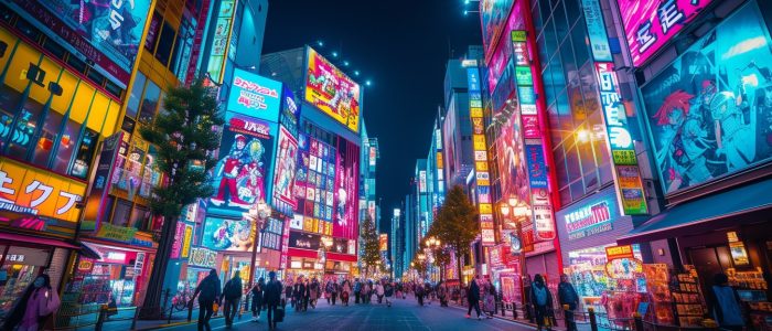 Lebendige Nachtszene in einem belebten Viertel von Tokyo (Japan)