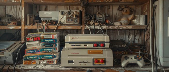 Eine nostalgische Sammlung von Retro-Spielkonsolen und Spielen in einem verstaubten Holzregal