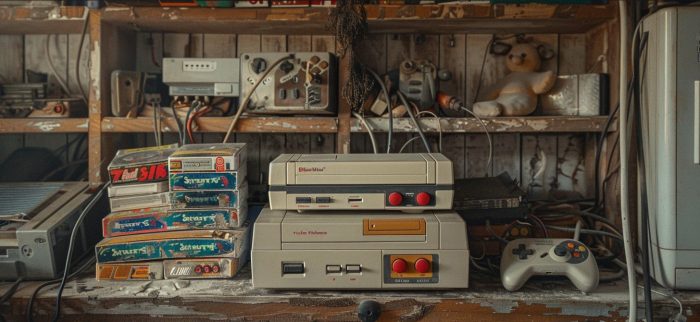 Eine nostalgische Sammlung von Retro-Spielkonsolen und Spielen in einem verstaubten Holzregal