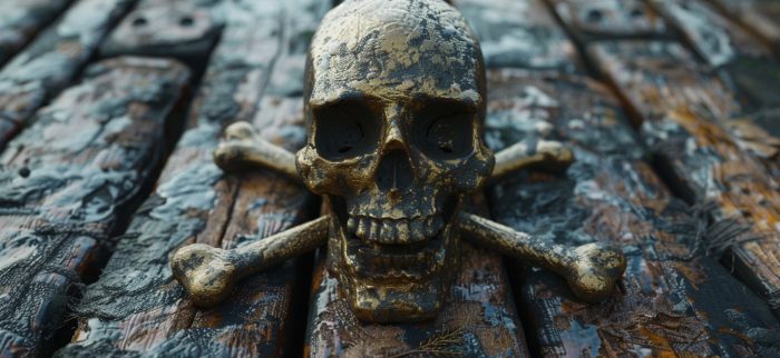 Ein verwitterter Schädel mit gekreuzten Knochen liegt auf einer alten Holzplatte