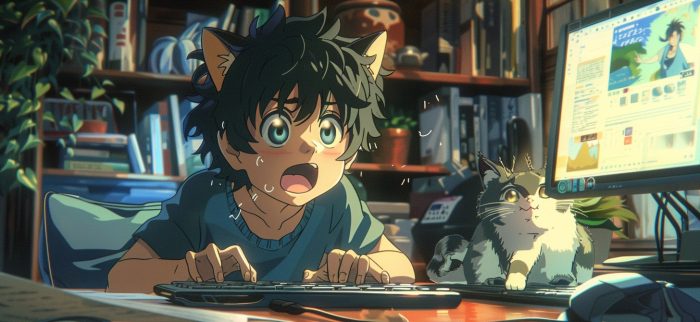 Ein Anime-Charakter mit Katzenohren schaut erschrocken