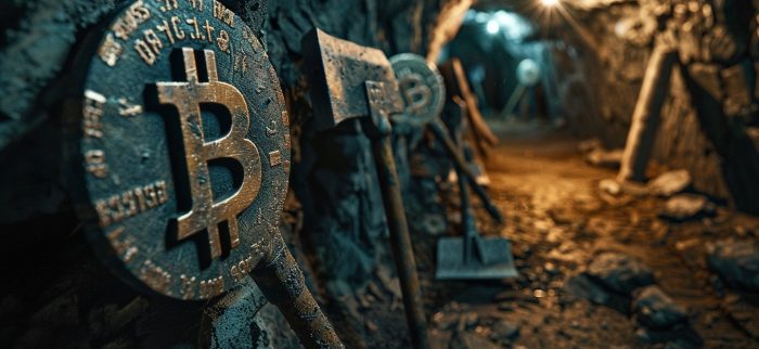 Eine symbolische Darstellung des Bitcoin-Minings in einem schwach beleuchteten unterirdischen Tunnel mit Werkzeugen