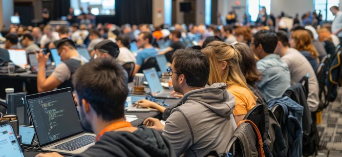 Eine Gruppe konzentrierter Hackathon-Teilnehmer (Symbolbild)